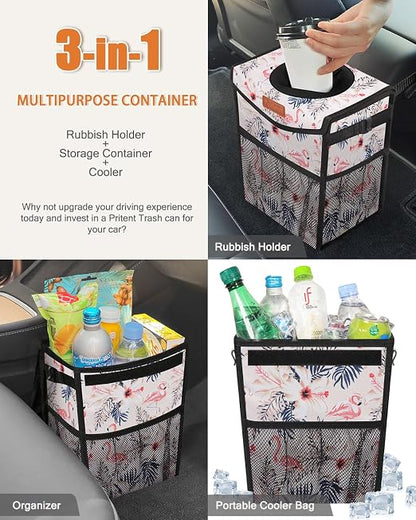 Pritent Car Trash Can with Lid, Cute Leakproof Car Trash Garbage Bag Hanging Vehicle Trash Bin Small Portable Automotive Garbage Cans Organizer for Back/Front Seat/Console(2.8 gal,Flamingo Print