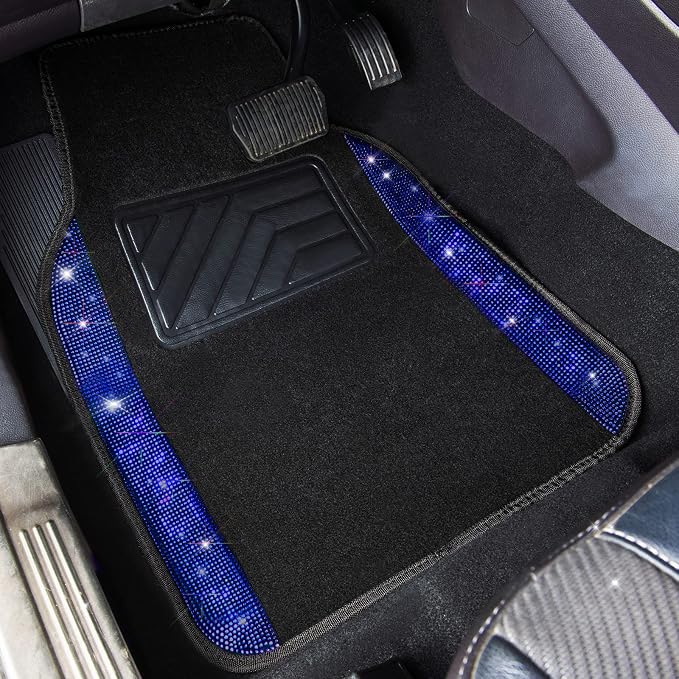 CAR PASS Bling Diamond Car Seat Covers Blue Rhinestone Black Leather Shining Car Floor Mats Carpet with Anti-Slip Nibs Shining Car Accessories Sets Glitter Sparkly Crystal Universal Fit for Girl Women