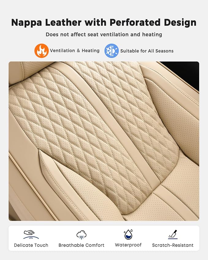 Huidasource Beige Back Seat Covers, Luxury Nappa Leather Rear Seat Cover with Velcro Adjustable, Child Seats, Ventilation Holes, Seat Belts, Car Back Seat Cover Fit for Most Cars SUV Trucks, Beige