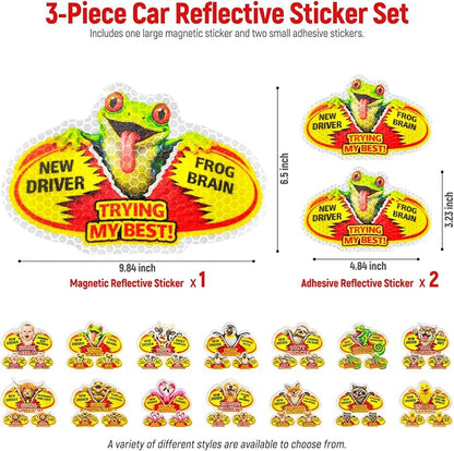 3 Pcs Reflective Student Driver Magnet and Stickers Set - Funny Animal New Driver Safety Signs for Car, Waterproof & Weatherproof High Visibility Vehicle Bumper Decals, Magnet + Stickers (Tree frog)
