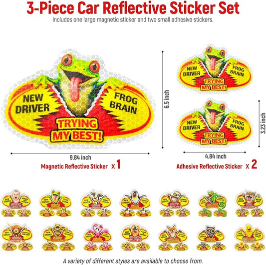 3 Pcs Reflective Student Driver Magnet and Stickers Set - Funny Animal New Driver Safety Signs for Car, Waterproof & Weatherproof High Visibility Vehicle Bumper Decals, Magnet + Stickers (Tree frog)