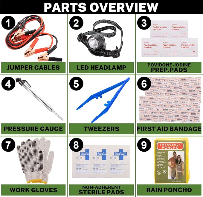 Car Roadside Emergency Kit with Battery Jumper Cables,Car Accessories for Men or Women,Automotive Safety Kit for Car,Vehicle, Truck or SUV,Gifts for Men or Him, Orange