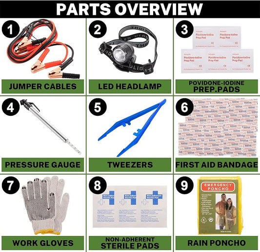 Car Roadside Emergency Kit with Battery Jumper Cables,Car Accessories for Men or Women,Automotive Safety Kit for Car,Vehicle, Truck or SUV,Gifts for Men or Him, Orange