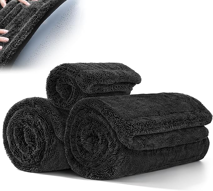 Aodaer 3 Pack Gray Car Drying Towel, 1200GSM Ultra Absorbent Microfiber, 24 x 36 Inch & 12 x 12 Inch Microfiber Towels for Cars, Twisted Loop, Dual Sided & Streak-Free for Auto Detailing Car SUV Truck