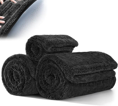 Aodaer 3 Pack Gray Car Drying Towel, 1200GSM Ultra Absorbent Microfiber, 24 x 36 Inch & 12 x 12 Inch Microfiber Towels for Cars, Twisted Loop, Dual Sided & Streak-Free for Auto Detailing Car SUV Truck