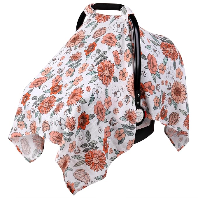 Rquite Infant Car Seat Cover for Babies Girls, 100% Muslin Cotton Carseat Canopy, Breathable Stroller Sun Shade, Baby Shower Gift & Newborn Essentials, Universal Fit Summer & Hot Weather (Floral)