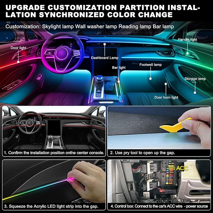 Dreamcolor Acrylic Interior Car LED Strip Light with Wireless APP, RGB 18 in 1 with 175 inches 600 LEDs Fiber Optic Car Ambient Lighting Kits, Music Sync Function Neon LED Strip for Car Accessories