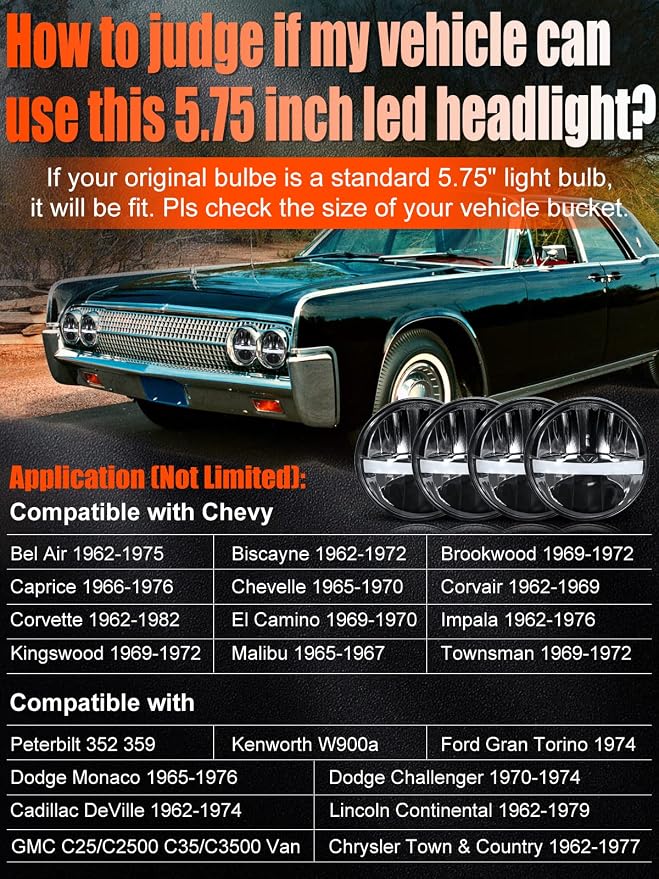 UNI-SHINE 5 3/4'' 5.75 Inch LED Headlight Round 4pcs Reflector Hi/Lo Beam With DRL Sealed Beam H5001 H5006 Compatible With Peterbilt 349 359, Chevy Impala 59-76, Dodge