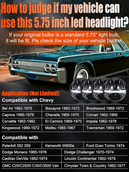 UNI-SHINE 5 3/4'' 5.75 Inch LED Headlight Round 4pcs Reflector Hi/Lo Beam With DRL Sealed Beam H5001 H5006 Compatible With Peterbilt 349 359, Chevy Impala 59-76, Dodge