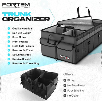 FORTEM Trunk Organizer with Cooler For SUV Car Trunk, Foldable Storage, Car Accessories for Women Men, Collapsible Bag, 600D Oxford, Non Slip Bottom, Straps, Soft Cover (105L)