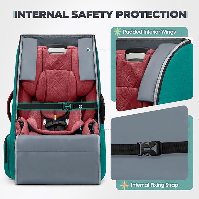 RAINSMORE Padded Car Seat Travel Bag for Airplane Heavy Duty Car Seat Backpack for Air Travel Baby Carseat Cover Bags for Airport Large Car Seats Carrier Fits Car Seats & Booster Seats, Green