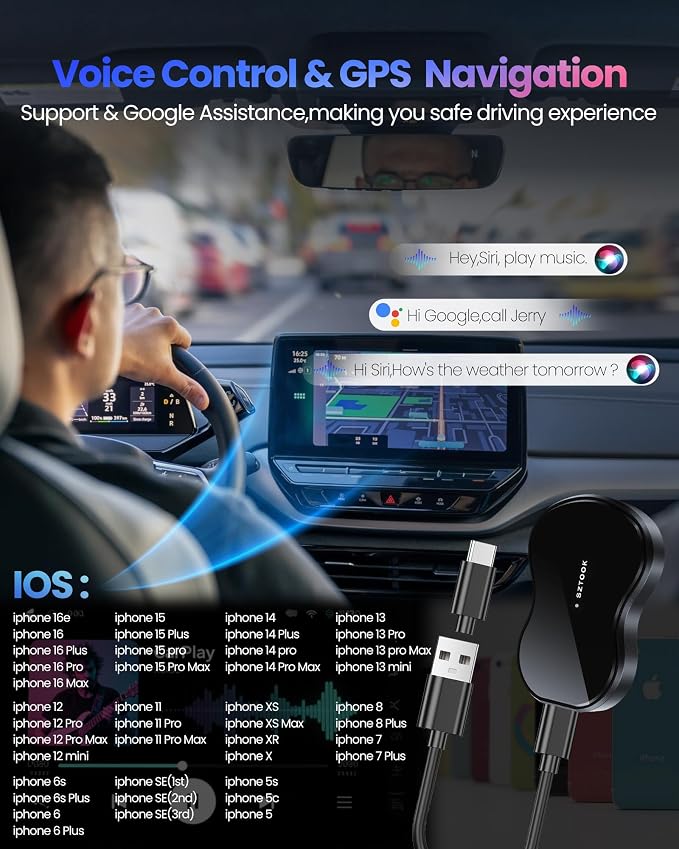 Wireless Carplay Adapter Plug & Play for Apple iPhone iOS 10+ & Cars from 2016+, Auto-Connect Stable Control & No Latency Mini Size with Extension Cable USB & USB-C/Type-C