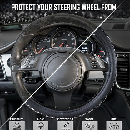 CAR PASS Bling Diamond Leather Steering Wheel Cover, with Bling Sparkly Crystal Glitter Rhinestone Universal Fit 14" 1/2-15" Car Wheel Protector Fit for Women Girl SUV,Vans,Sedans,Trucks, Zebra Print