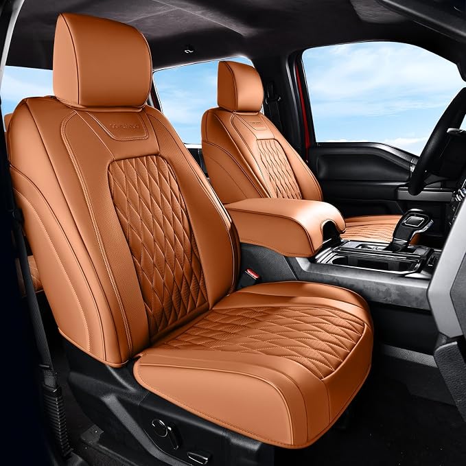 Coverado Premium Leather Front Seat Covers Waterproof Heavy-Duty Protectors Custom Fit for Ford F150 (2015-2026) F250/F350/F450 (2017-2026)-Orange, Stain-Resistant