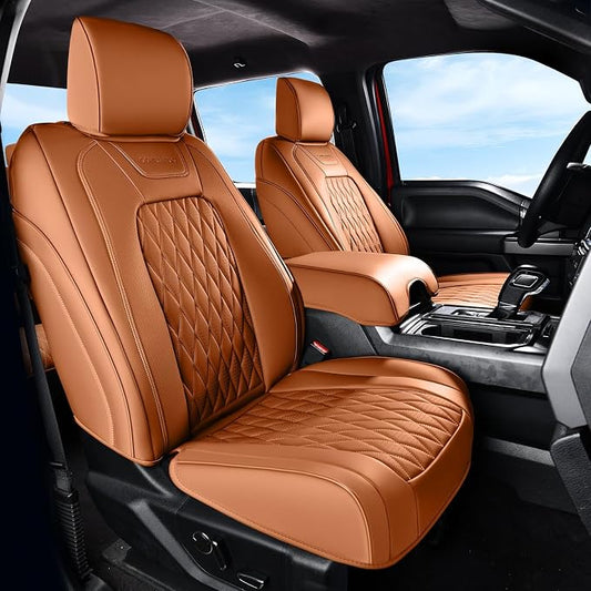 Coverado Premium Leather Front Seat Covers Waterproof Heavy-Duty Protectors Custom Fit for Ford F150 (2015-2026) F250/F350/F450 (2017-2026)-Orange, Stain-Resistant