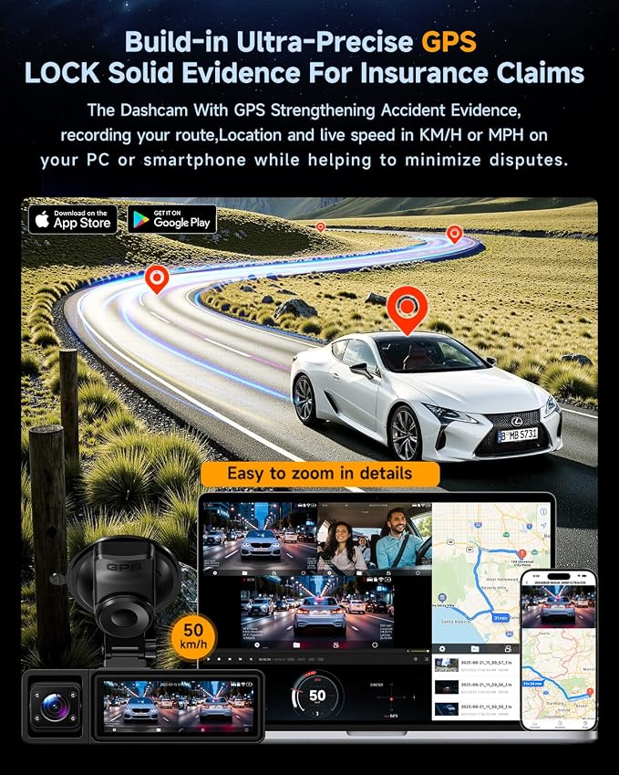 3 Channel Dash Cam, Dash Cam Front and Rear Inside, 5.8GHz WiFi Built-in GPS, Free 64GB Card, 3.2" IPS Screen, 4k Dash Camera for Cars, IR Night Vision, 24H Parking Mode, G-Sensor