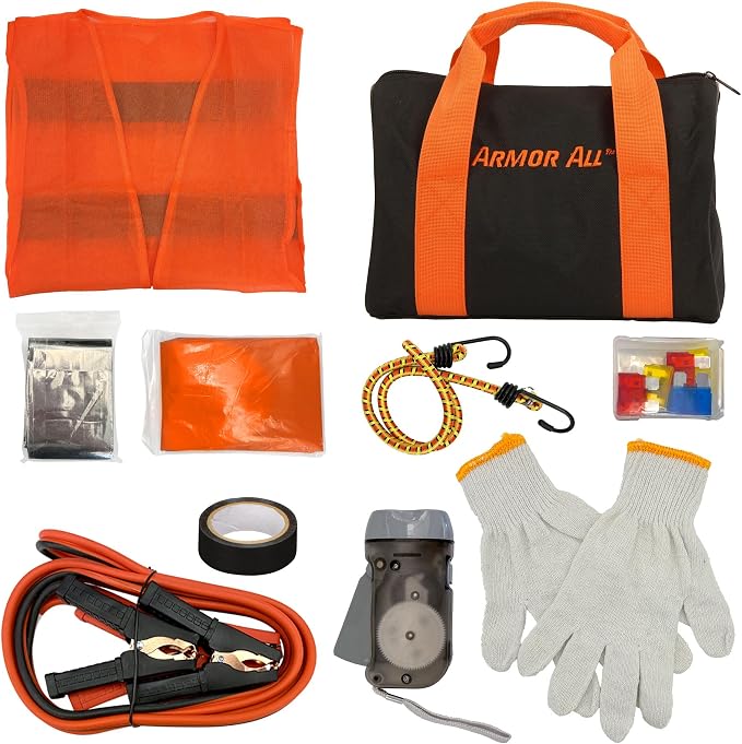 Armor All 10pc Roadside Emergency Kit - Storage Bag, Booster Cable (8ft 10GA), Blanket,Rain Poncho,Gloves, Insulation Tape Roll, Flashlight, Bungee Cord (2ft),Car Fuses (8pcs) & Reflective Safety Vest