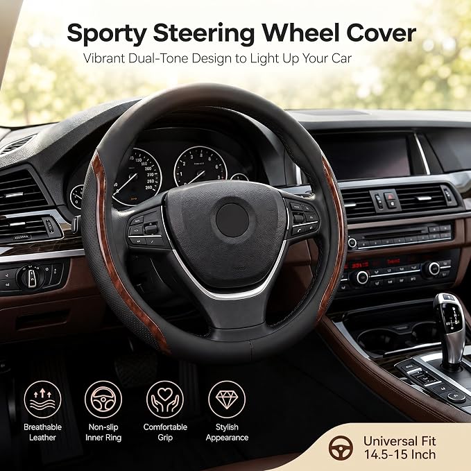 Steering Wheel Cover Black Wood Grain, Leather Car Steering Wheel Covers with Coasters Universal 14.5-15 inch Microfiber Breathable Anti-Slip Steering Wheel Accessories Set