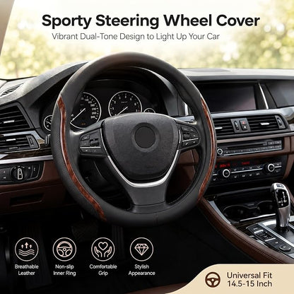 Steering Wheel Cover Black Wood Grain, Leather Car Steering Wheel Covers with Coasters Universal 14.5-15 inch Microfiber Breathable Anti-Slip Steering Wheel Accessories Set