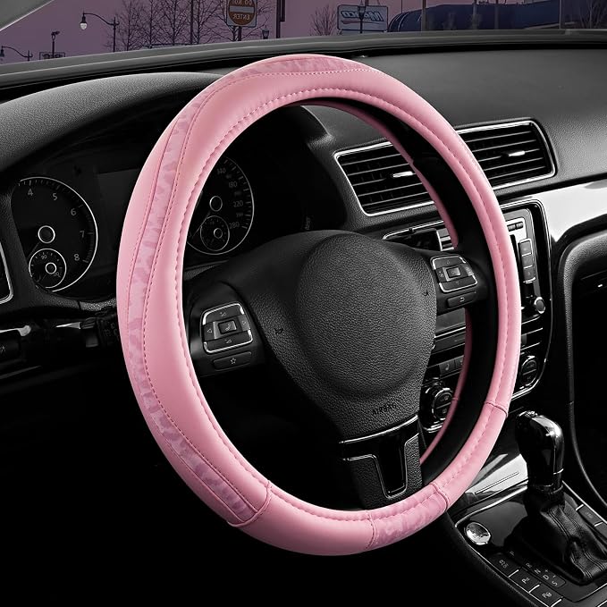 Road Comforts Steering Wheel Cover - Made with PVC Leather and Leopard Fabric - Universal 14 1/2 inches to 15 inches for Most Automotive Steering Wheel - Cheetah Print - All Pink