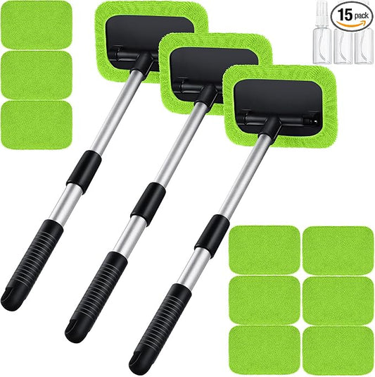 Frienda 3 Set Windshield Cleaner Tool Inside Car Window Cleaner Tool with 3 Extendable Handle 9 Reusable Microfiber Pads and 3 Spray Bottles for Auto Home Interior Exterior Glass Cleaning(Green)