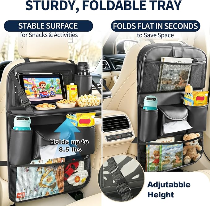 2 Pack Backseat Car Organizer with Foldable Tray Table, PU Leather Seat Back Organizer with Tablet Holder, Large Storage Pockets, Waterproof Kick Mat & Seat Back Protector for Cars, SUVs & Minivans