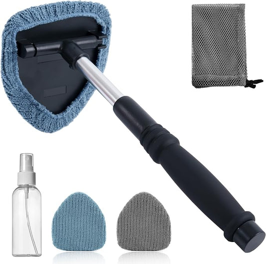 Polyte Pivoting Windshield Glass Cleaning Tool Extendable Aluminum Handle w/3 Premium Microfiber Covers, Spray Bottle, Mesh Bag, Triangle Shaped Plate