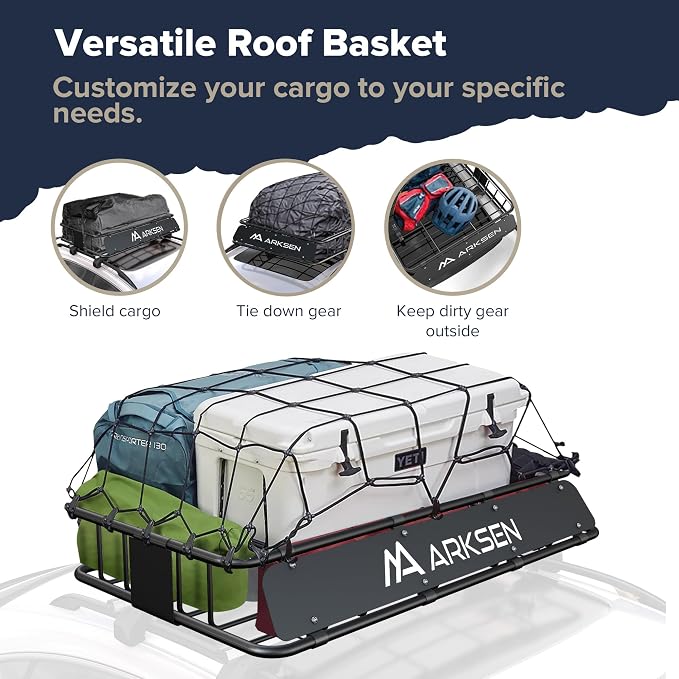 ARKSEN 30 x 50 x 6 Inch Universal Extra Wide 150LB Heavy Duty Roof Rack Cargo with Ratchet Straps, Cargo Net, Car Top Luggage Holder Carrier Basket for SUV, Truck, & Car Steel Construction