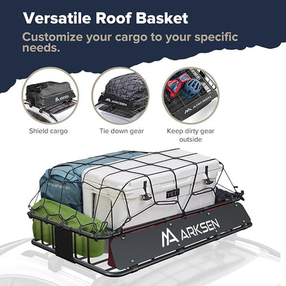 ARKSEN 30 x 50 x 6 Inch Universal Extra Wide 150LB Heavy Duty Roof Rack Cargo with Ratchet Straps, Cargo Net, Car Top Luggage Holder Carrier Basket for SUV, Truck, & Car Steel Construction