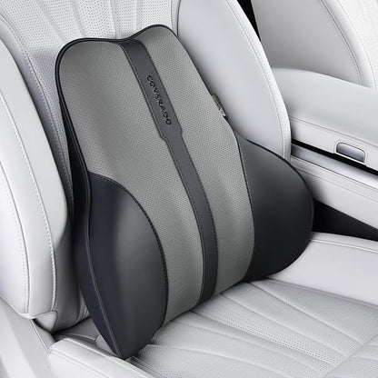 Coverado Lumbar Support Pillow for Car, Ergonomic Memory Foam Back Pillow for Office Chair, Back Cushion for Back Pain Relief, PU Leather Car Lumbar Support for Driving Seat - Black&Gray