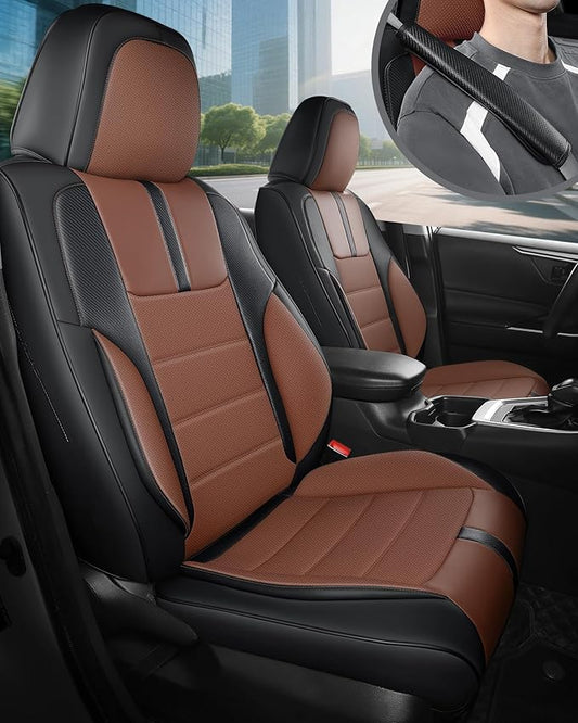 FREESOO Universal Front Seat Covers, Waterproof Faux Leather Automotive Seat Covers with Carbon Fiber Texture Seat Belt Pads, Anti-Slip Airbag Compatible Car Seat Protectors for Cars SUVs Trucks