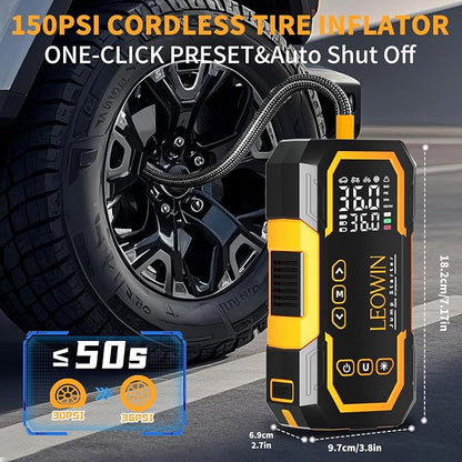 Jump Starter with Air Compressor, Battery Jumper Starter Portable(9.0 Gas/6.5L Diesel) with Tire Inflator, 12V Car Battery Jump Starter with Smart Jumper Cables, LED Light, LCD Display