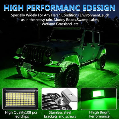 Nicoko 108 High-Power LEDs per Pod 4Pods Pure Green Rock Lights Ultra-Bright Offroad Underglow Kit Advanced Heat Dissipation IP68 Waterproof for Truck, SUV, UTV, ATV, RZR