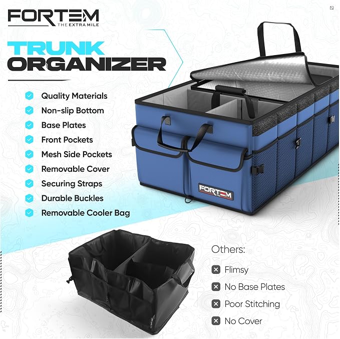 FORTEM Trunk Organizer with Cooler For SUV Car Trunk, Foldable Storage, Car Accessories for Women Men, Collapsible Bag, 600D Oxford, Non Slip Bottom, Straps, Soft Cover (105L)