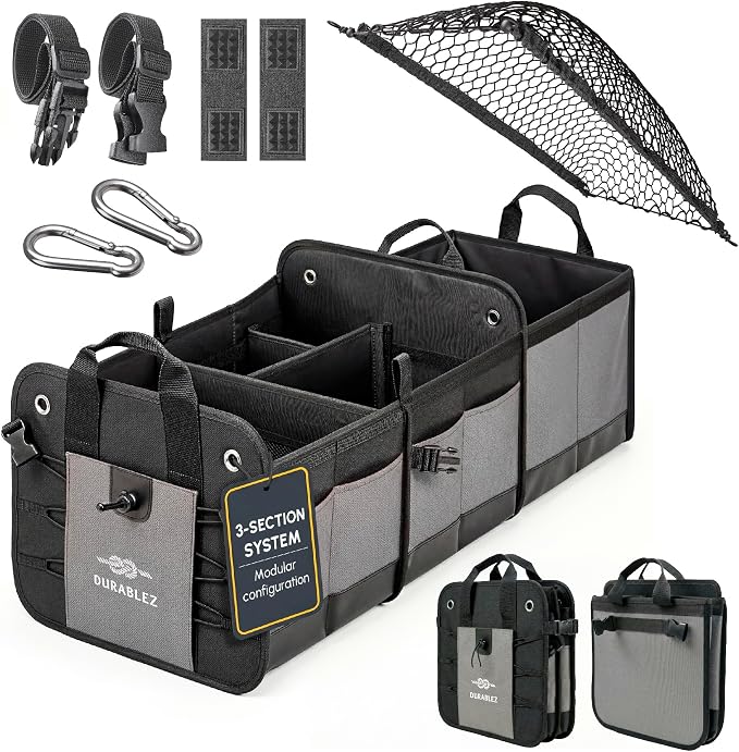 3-Section Modular Trunk Organizer XL – Car Storage for Groceries, Cleaning Supplies, Tools, Sports Gear – Foldable L-Shape Cargo Bin – Gray