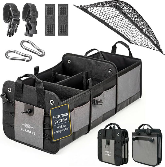 3-Section Modular Trunk Organizer XL – Car Storage for Groceries, Cleaning Supplies, Tools, Sports Gear – Foldable L-Shape Cargo Bin – Gray
