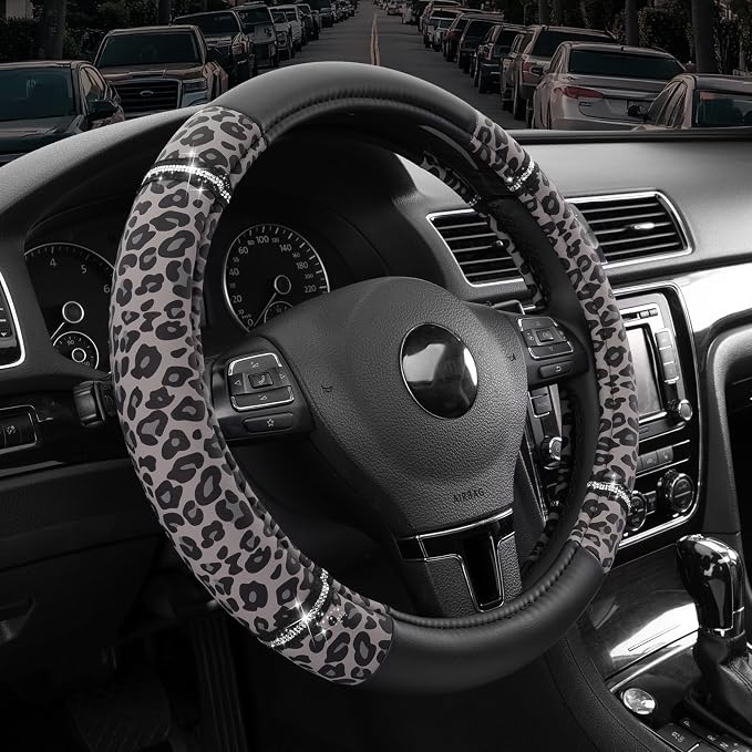 Road Comfort Leather Steering Wheel Cover – Premium Anti-Slip Car Steering Wheel Grip Cover – Universal Fit for 14.5”–15” Cars, Trucks & SUVs - Leopard Pattern