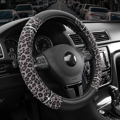 Road Comfort Leather Steering Wheel Cover – Premium Anti-Slip Car Steering Wheel Grip Cover – Universal Fit for 14.5”–15” Cars, Trucks & SUVs - Leopard Pattern