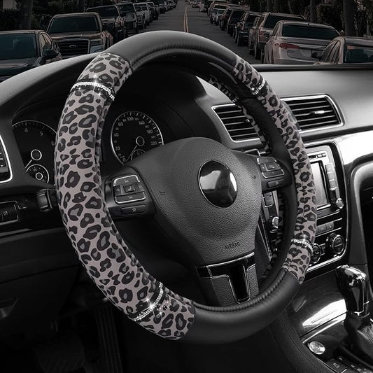 Road Comfort Leather Steering Wheel Cover – Premium Anti-Slip Car Steering Wheel Grip Cover – Universal Fit for 14.5”–15” Cars, Trucks & SUVs - Leopard Pattern