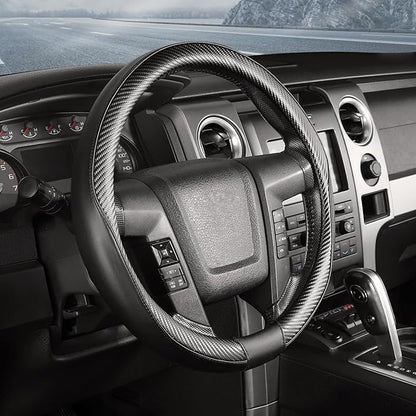 SEG Direct Car Steering Wheel Cover Large-Size for F150 F250 F350 Ram 4Runner Tacoma Tundra Range Rover with 15 1/2"-16" Outer Diameter Leather with Carbon Fiber Pattern Black