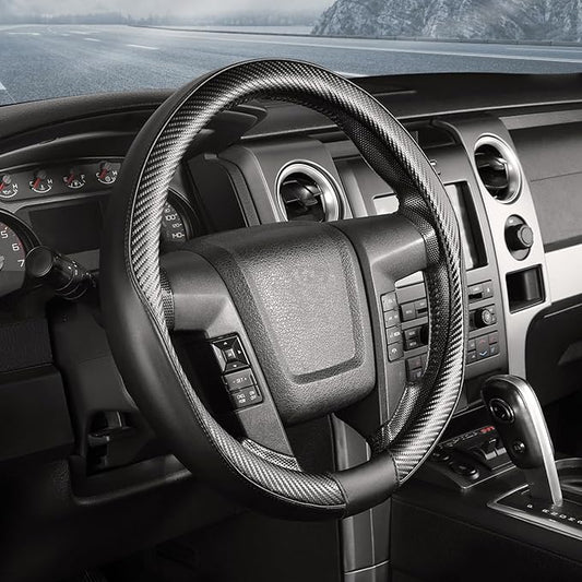 SEG Direct Car Steering Wheel Cover Large-Size for F150 F250 F350 Ram 4Runner Tacoma Tundra Range Rover with 15 1/2"-16" Outer Diameter Leather with Carbon Fiber Pattern Black