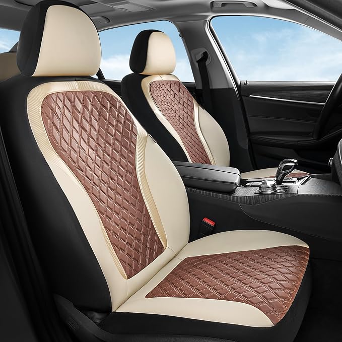 Coverado Front Seat Covers, Luxury Diamond Leather Car Seat Cover with Carbon Fiber Weave, Waterproof Car Seat Cover Driver Seat Cover Spill-Proof Design Universal Fit for Most Cars, Beige&Brown
