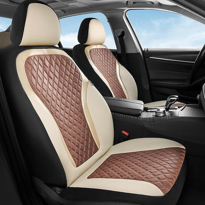 Coverado Car Seat Covers Full Set, Beige Brown Car Seat Covers, Luxury Diamond Leather Car Seat Cover with Carbon Fiber Weave, Spill-Proof Seat Cushions, Automotive Seat Cover Universal Fit Most Cars
