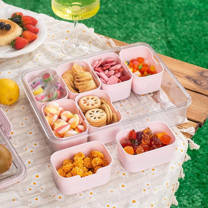 WACOI Divided Snack Serving Tray with Lid and Handle Travel Snackle Charcuterie Container Portable Storage Organizer for Candy, Fruits, Nuts, Snacks, Party, Picnic (1pack, Pink)