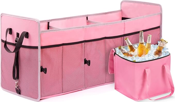 Car Trunk Organizer with Individual Cooler Bag - 3 Compartments Trunk Organizer for Car Collapsible Car Storage Organizer for SUV (Pink)