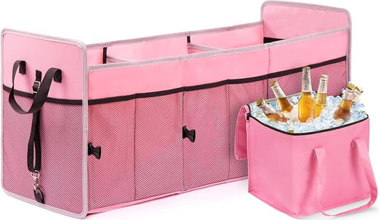 Car Trunk Organizer with Individual Cooler Bag - 3 Compartments Trunk Organizer for Car Collapsible Car Storage Organizer for SUV (Pink)