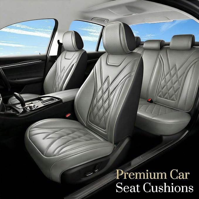 Fit Santa Fe Car Seat Covers for Hyundai Santa Fe 2009-2025 2026 - Luxury Leather, Anti-Slip, All-Weather Seat Cushions, Waterproof & Breathable, Airbag Compatible, Full 5-Seat Set (Gray)