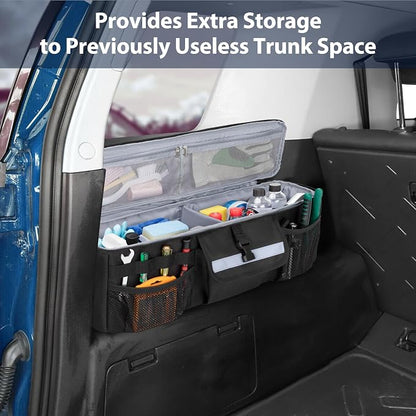 GRAOSO Car Trunk Organizer Compatible with Toyota FJ Cruiser 2007-2021, Rear Storage Bag with 3 Pieces of 1.5” Wide Hook&Loop Tapes, 2 Adjustable Hanging Loops, Multiple Pockets, Black