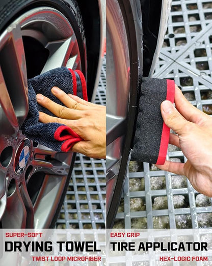 oesee 8PCS Wheel Cleaning Kit with Microfiber Brush & Rubber Grip Tire Brush, Twist Loop Drying Towel, Detailing Brush, Applicator for Car Rim and Tire Care
