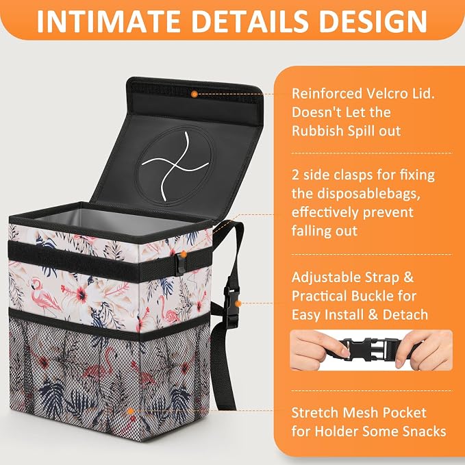 Vankor Cute Car Trash Can, Car Accessories for Women Interior Can Trash Bag Hanging Automotive Garbage Cans Pink Flamingo